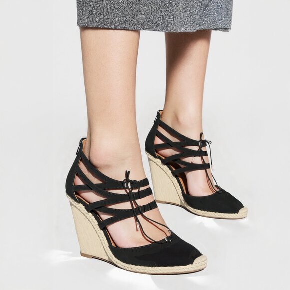 Aquazzura Firenze Belgravia Suede Espadrilles Wedge Pumps Lace Up Black - Picture 1 of 15